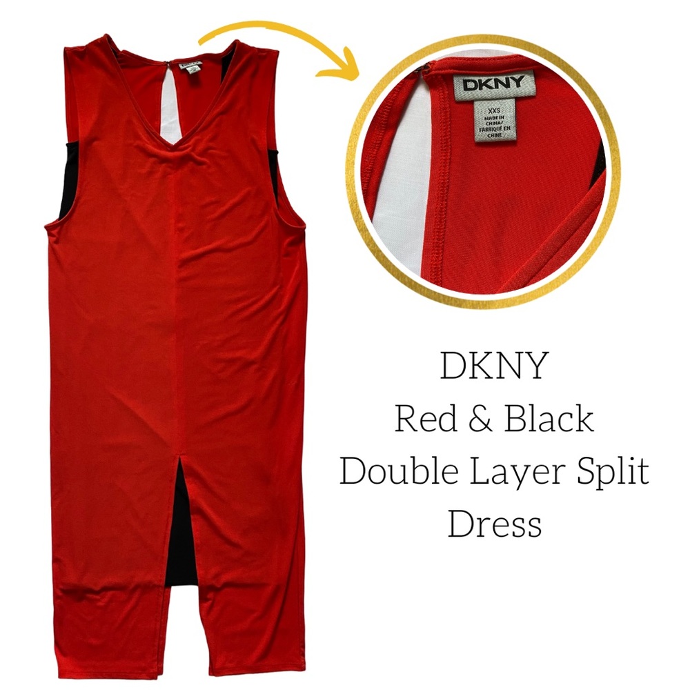 DKNY Red & Black Double Layer Sleeveless Split Dress, Size: XXS